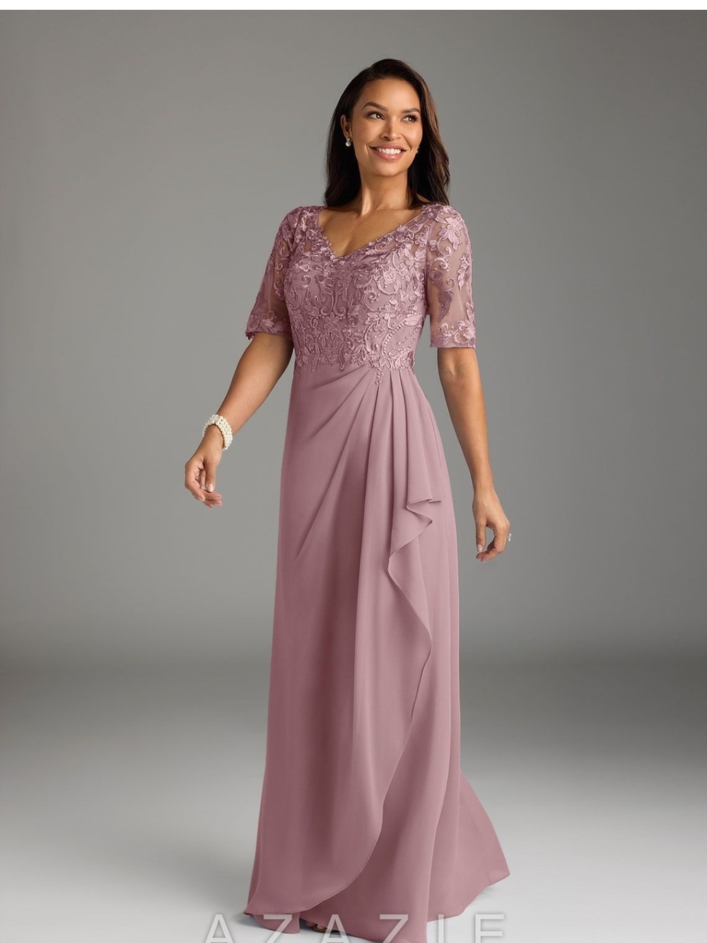 Azazie Amedeus Vintage Mauve A-Line V-Neck Lace Chiffon Dress Size A6